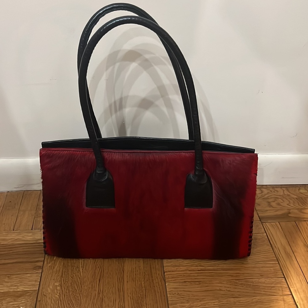 Red fur and genuine leather shoulder bag
